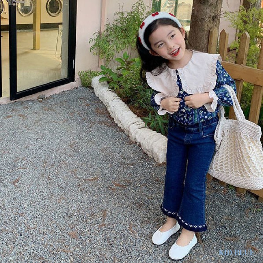 Set Áo Sơ Mi Hoa + Quần Jeans Ống Loe Thời Trang Hàn Quốc Cho Bé Gái