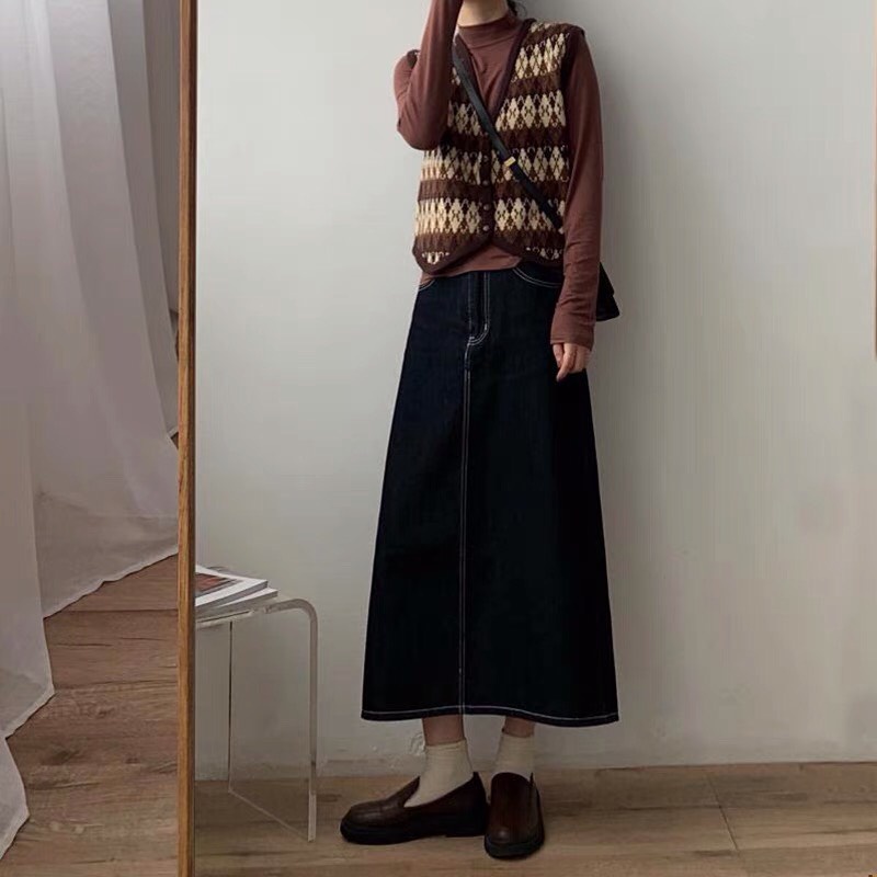 Chân váy jean midi  đen dáng dài chỉ nổi phong cách mùa thu Hàn Quốc 2021 Kozoda Cv29 | BigBuy360 - bigbuy360.vn