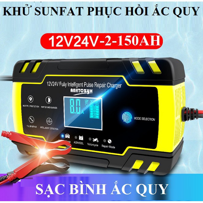 Sạc bình ắc quy 12V 24V 6Ah - 150Ah FOXSUR tự ngắt khi đầy chức năng bảo dưỡng phục hồi ắc quy bằng khử sunfat