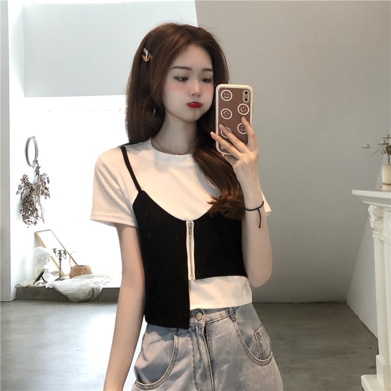 Áo Thun Tay Ngắn Phối Khóa Kéo Thời Trang Mùa Hè Hàng Mới Dành Cho Bạn Nữ