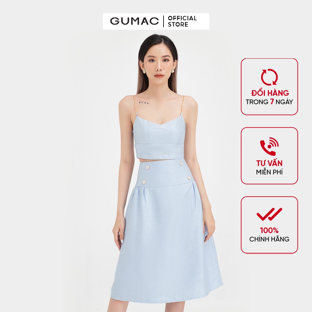 Chân váy nữ dáng dài phối nút GUMAC màu xanh trơn thanh lịch VB490 | BigBuy360 - bigbuy360.vn