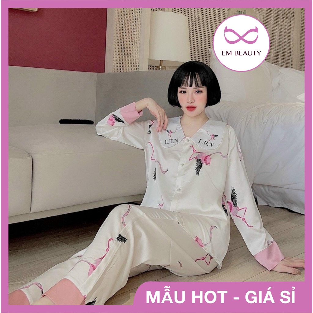 Bộ ngủ mặc nhà, bộ đồ pyjama lụa nữ áo dài quần dài chất lụa satin hoạ tiết freesize 45-60kg, quần áo sau sinh