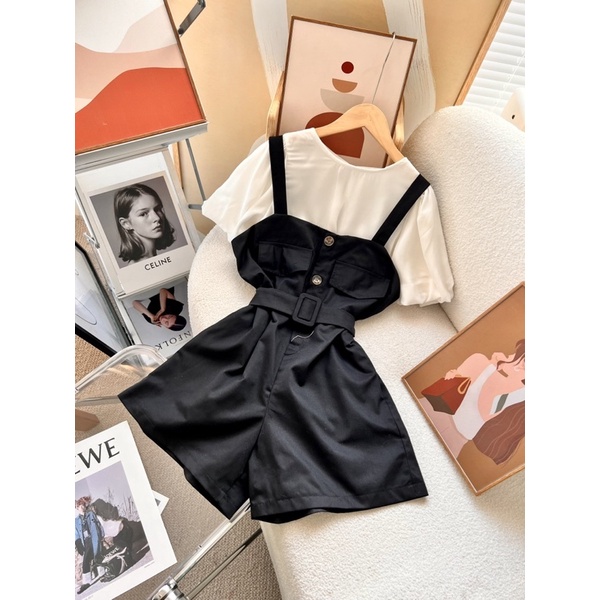 SET JUMPSUIT YẾM PHỐI ÁO TRẮNG KÈM BELT