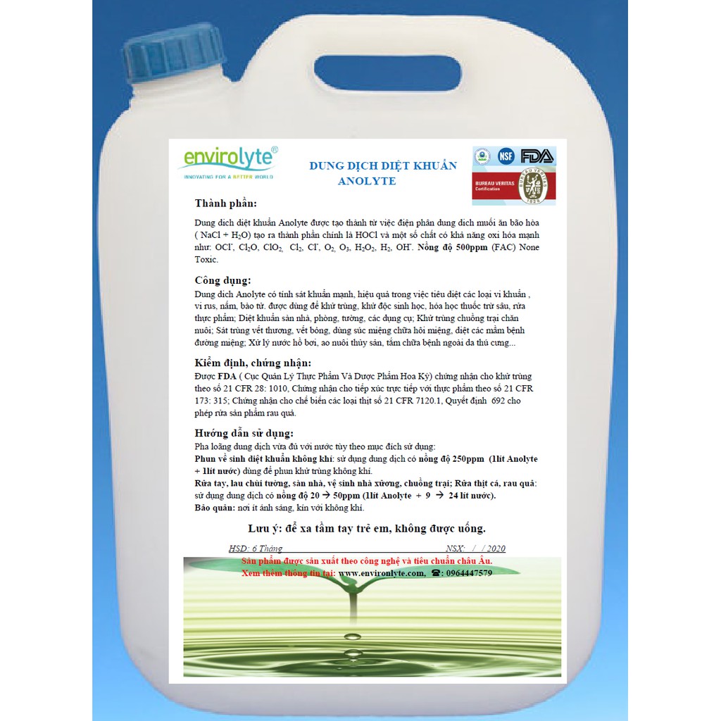 DUNG DỊCH SÁT KHUẨN ANOLYTE NỒNG ĐỘ 500ppm (sdt/zalo 0964447579)