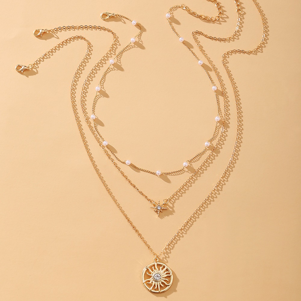 Bộ 3 Dây Chuyền Mạ Vàng Nhiều Lớp Đính Ngọc Trai Nhân Tạo