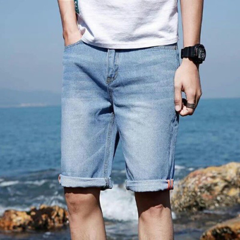 Quần short jean nam xanh trơn - quần ngố bò nam