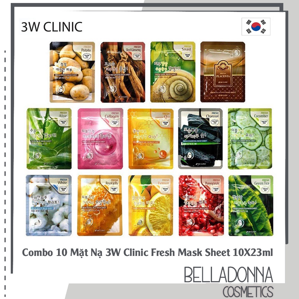 [15 Loại] Combo 10 Mặt Nạ Dưỡng Da 3W Clinic Fresh Mask Sheet 23ml