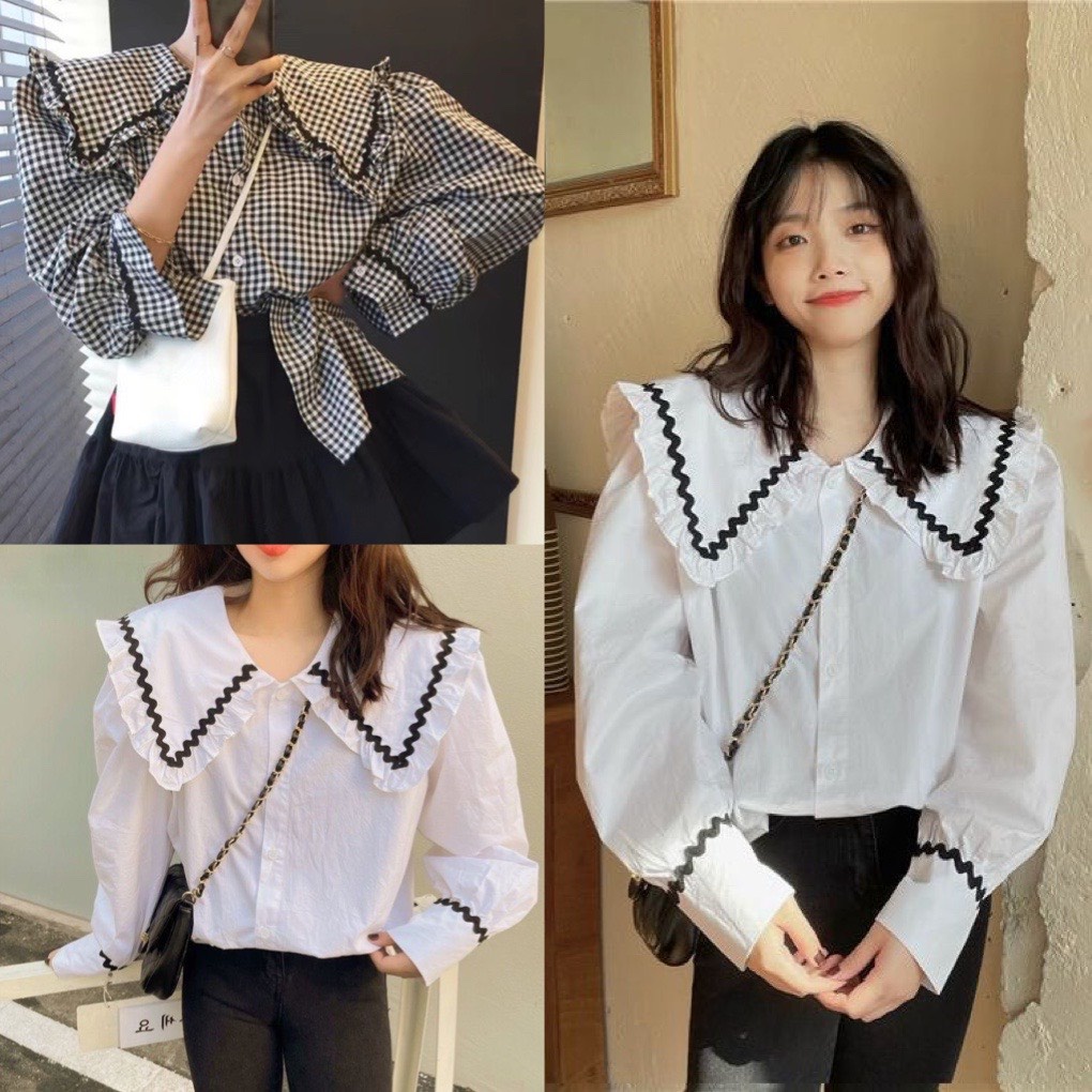 Áo sơ mi cổ bèo viền ren tay bồng- sơ mi nữ dài tay from rộng về 2 màu trắng caro phong cách ulzzang hàn quốc