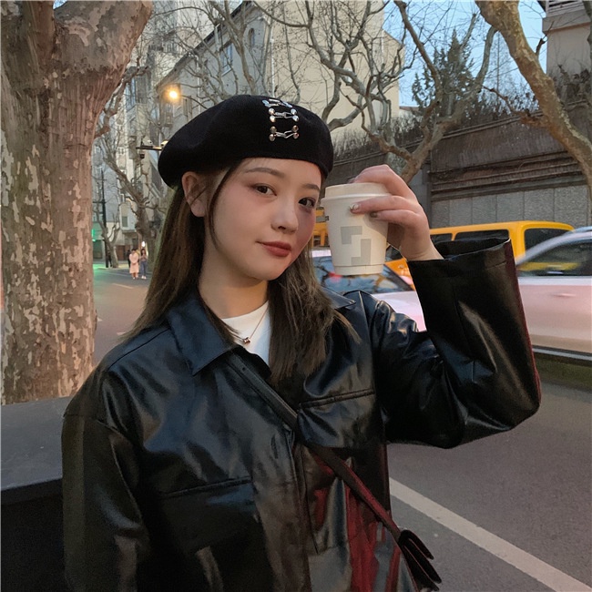 Mũ beret màu đen bằng cotton lanh thời trang phong cách retro Nhật Bản cho nữ