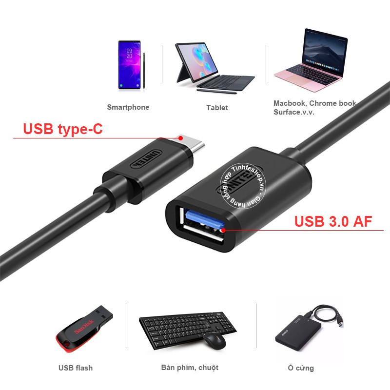 Dây USB type-C OTG - USB-C 3.1 đực ra USB 3.0 cái cắm Chuột Bàn phím USB flash cho Macbook Smartphone 1M Unitek Y-C476BK