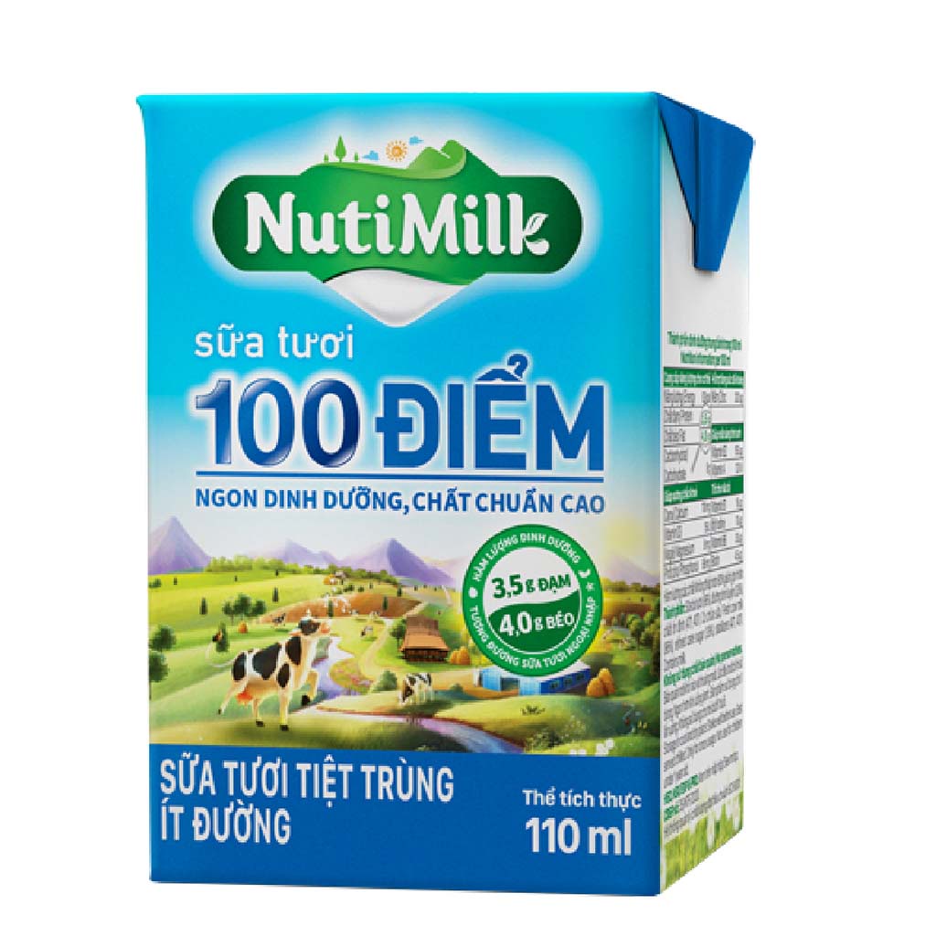 Sữa Tươi Tiệt Trùng 100 Điểm Ít Đường Nutimilk 110ml