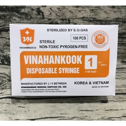 Hộp 100 bơm tiêm tiểu đường Vinahankook 1ml/100IU 30G 13mm tiêm meso prp