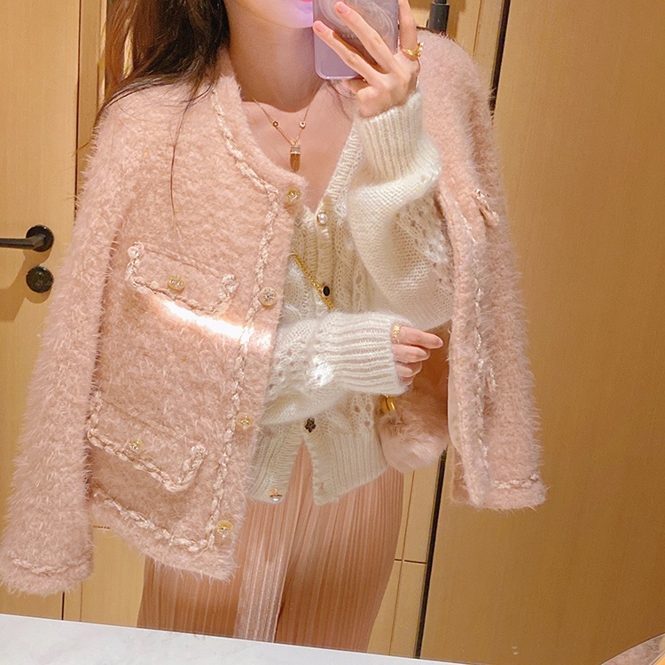 Áo Khoác Dạ Tweed Dáng Ngắn Màu Hồng Cam Nữ Tính