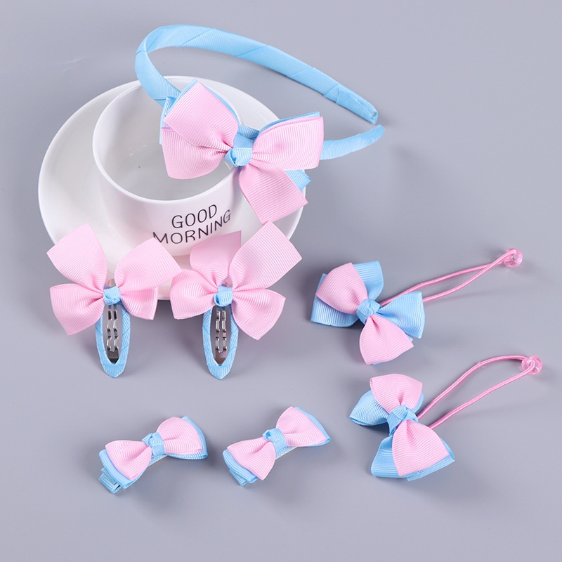 Bờm kẹp tóc phối nơ bọc vải cho bé set 7 chi tiết đáng yêu HadyyKids - B01