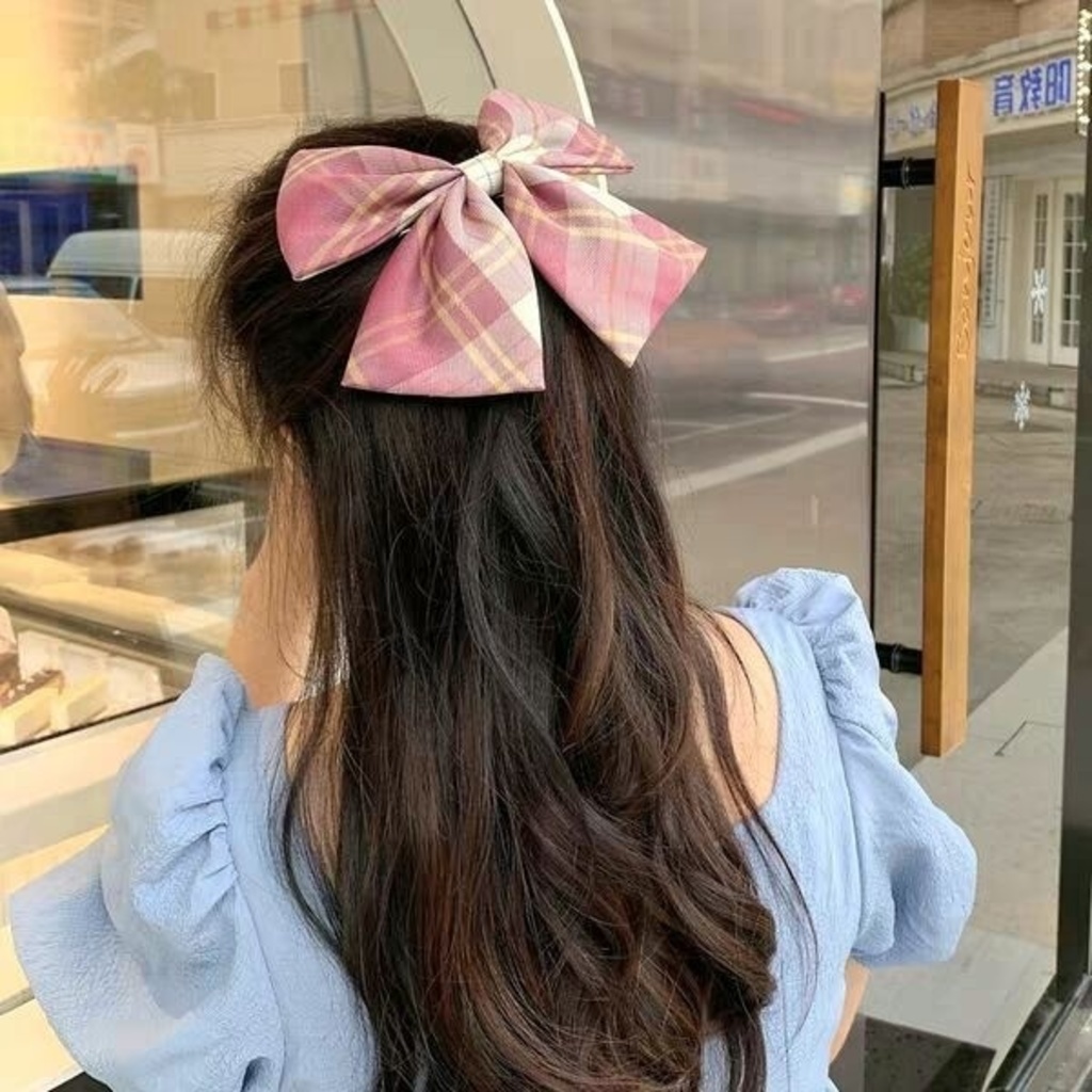 Kẹp Tóc Nơ Cỡ Lớn In Họa Tiết Kẻ Ô Thời Trang Cổ Điển Cho Nữ