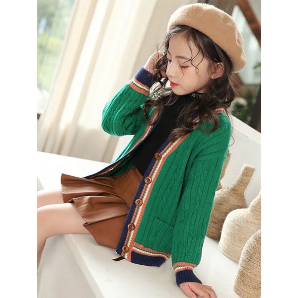 Áo Khoác Cardigan Dệt Kim Cổ Chữ V Màu Xanh Lá Phong Cách Hàn Quốc Thời Trang Thu Đông Mới