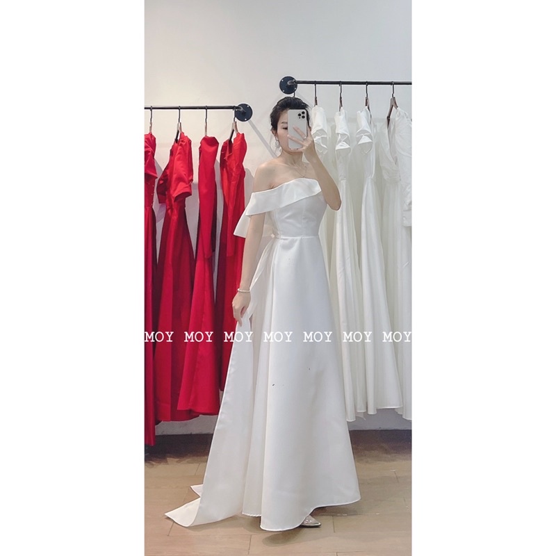 Váy bệt vai phi nhám dài xoè nơ lưng dài - Váy thiết kế cao cấp