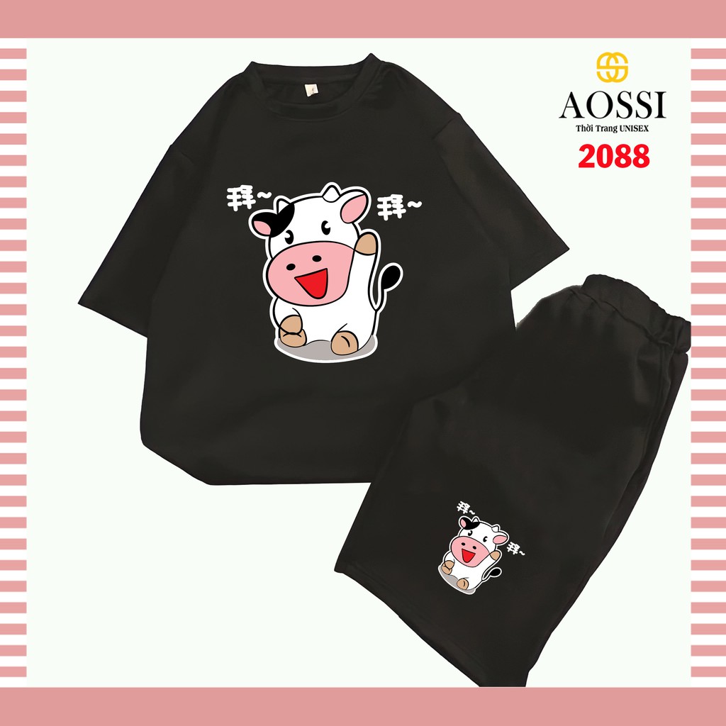 Đồ Bộ Hoạt Hình Unisex BÒ SỮA Aossi , Set Cartoon,  Thun Cotton , Quần short Unisex Nam Nữ Đều Mặc Được