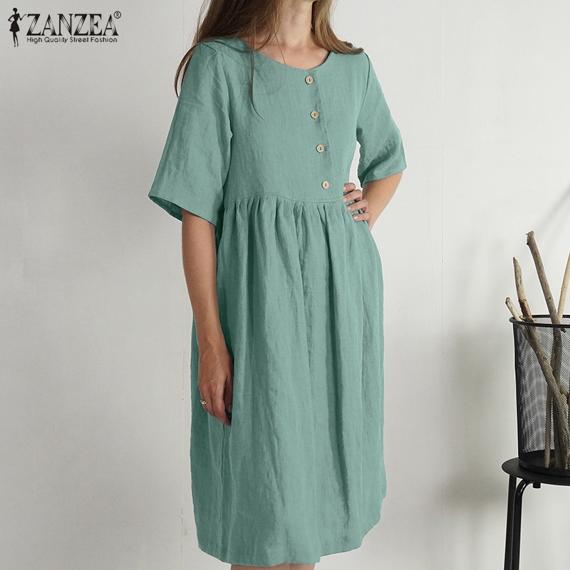 Đầm Zanzea mini tay lửng cài nút màu trơn đơn giản dễ phối đồ phong cách đường phố Hàn Quốc cho nữ