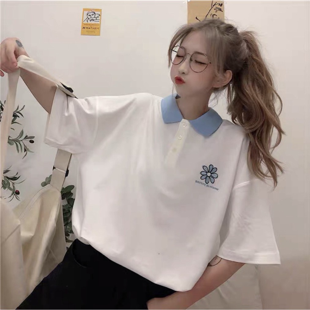 Áo Phông Polo Nữ Thêu Hoa Cúc 🦋 Áo Thun Cotton Cổ Bẻ Cúc Cài 2 Màu Xanh Mint Trắng Unisex