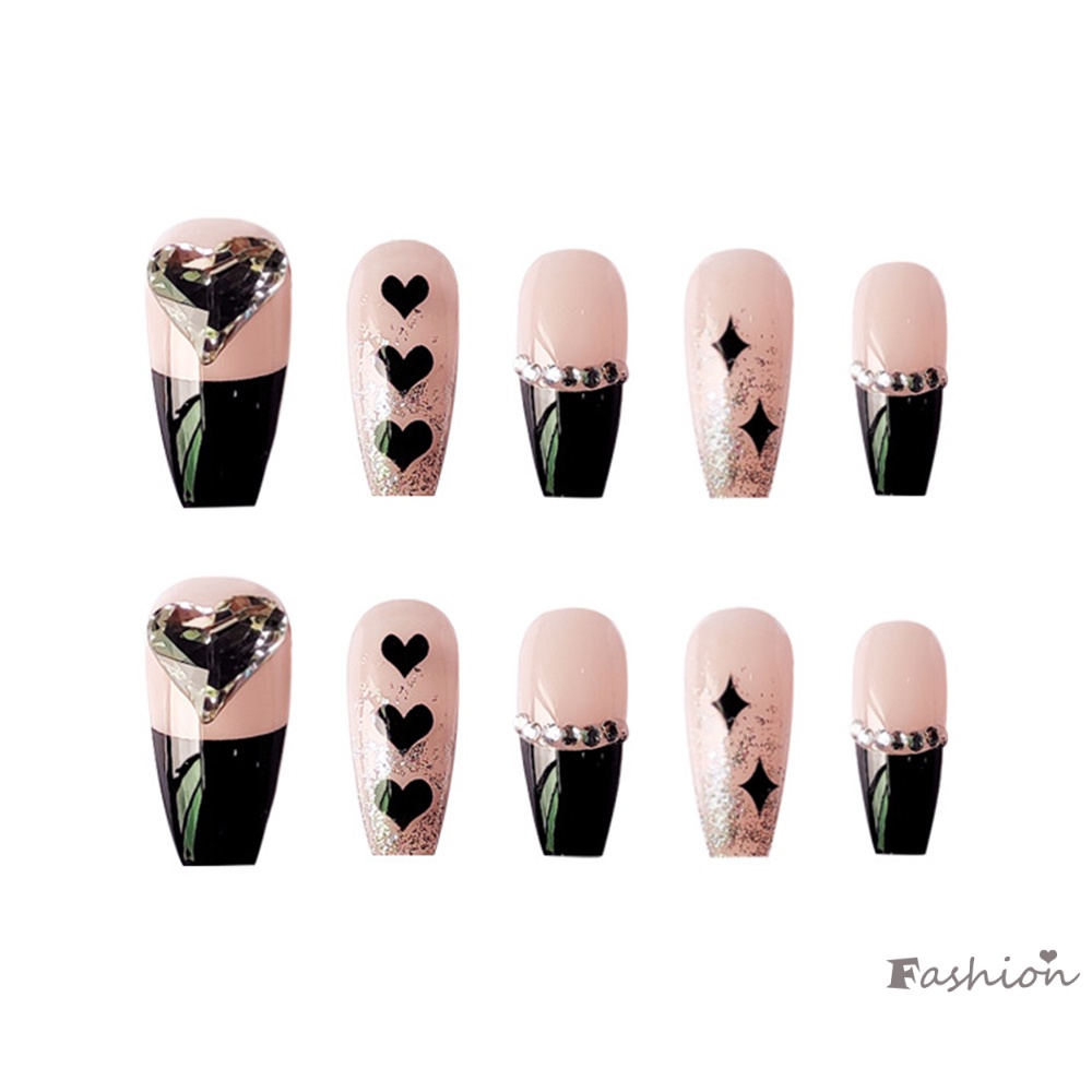Set 24 Móng Tay Giả Màu Đen Họa Tiết Trái Tim Dễ Thương Bắt Mắt