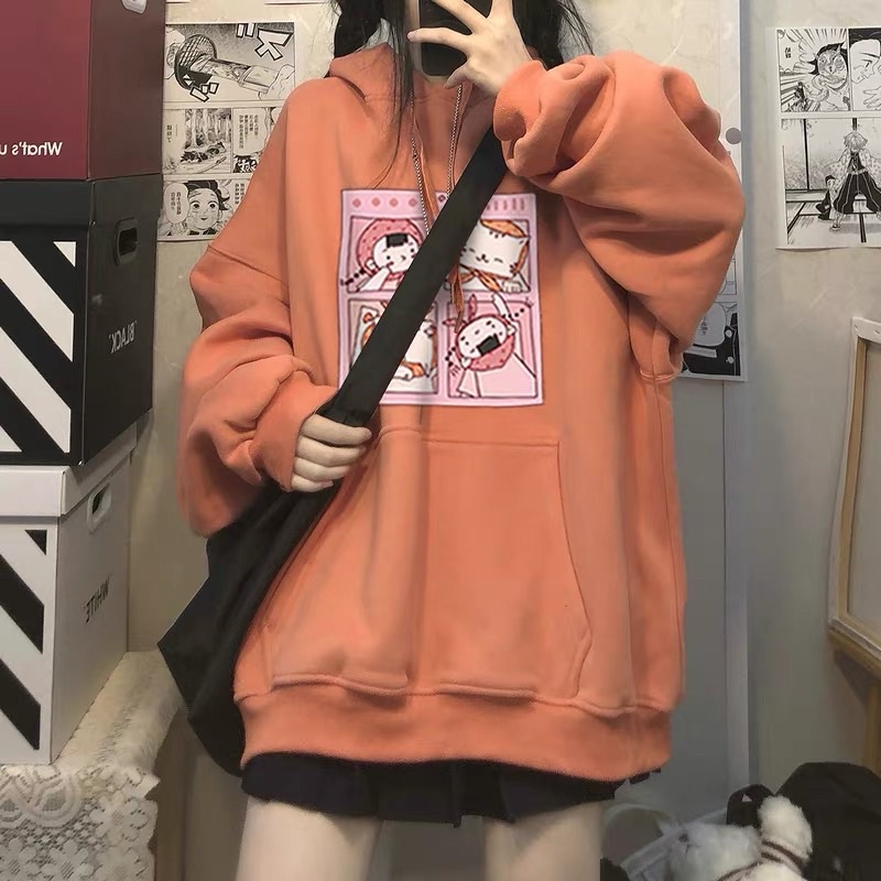 Áo Hoodie Nỉ Bông Tay Dài Suông Unisex Hoạ Tiết Chú Mèo&amp; Em Bé