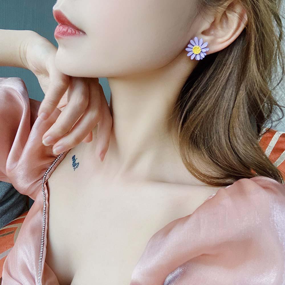 Khuyên Tai Dạng Hạt Hình Hoa Cúc Màu Tím Sơn Họa Tiết Trái Tim Cá Tính