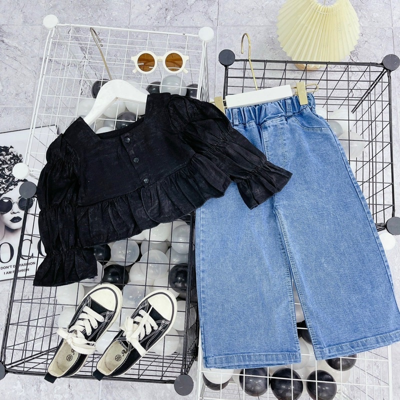 bộ áo tay bèo phối quần jeans sớ cực chất bé gái - batb