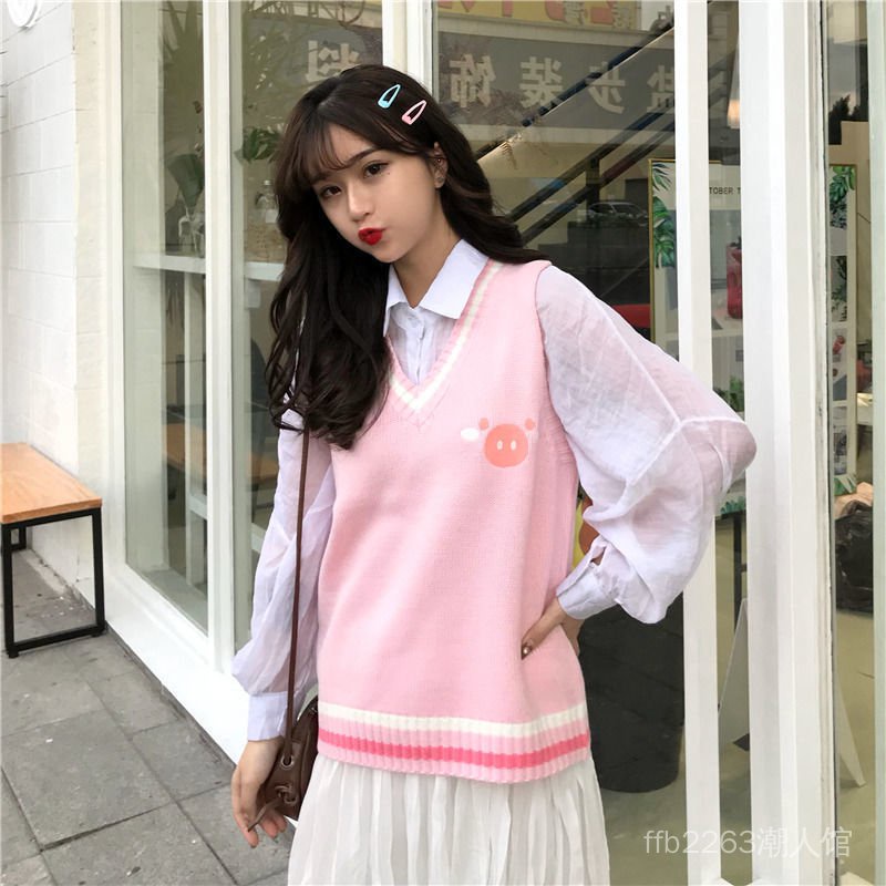 Áo Sweater Dệt Kim Sát Nách Dáng Rộng Cổ Chữ v Thêu Họa Tiết Hoạt Hình Phong Cách Hàn Quốc Thời Trang Xuân Thu Cho Nữ