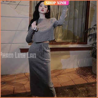 Set trễ vai trơn chân váy xẻ tà, Áo len lệch vai mix chân váy xẻ tà Shopxinh888888