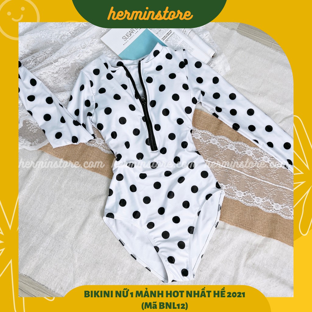 Bikini nữ 1 mảnh - Đồ bơi nữ dài tay kín đáo màu trắng họa tiết chấm bi nhẹ nhàng mùa hè 2021 - Mã BNL12