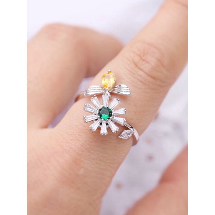 Nhẫn bạc họa tiết hoa và ong đính đá zircon có thể xoay điều chỉnh hỗ trợ giảm căng thẳng lo âu thời trang cho nữ