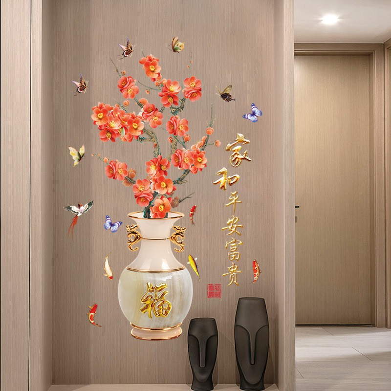 Decal dán tường Bình hoa đào đỏ 3D to nhất | BigBuy360 - bigbuy360.vn