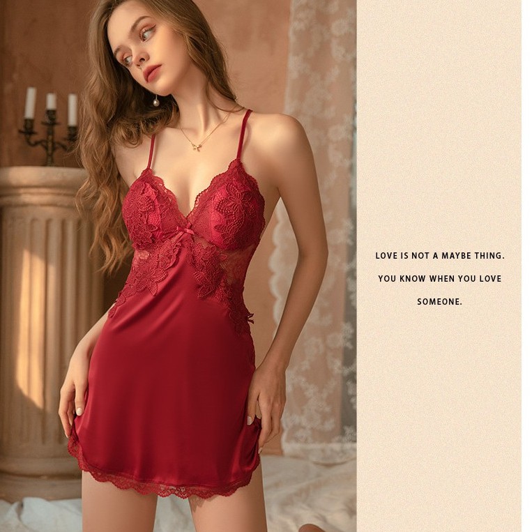 Váy ngủ sexy lua phối ren ngực nơ đan dây sexy QUẢNG CHÂU NA1320