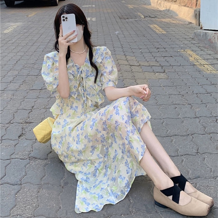 Đầm Công Chúa Mùa Hè Tay Phồng Cổ Búp Bê Họa Tiết Hoa Phong Cách Hàn Quốc