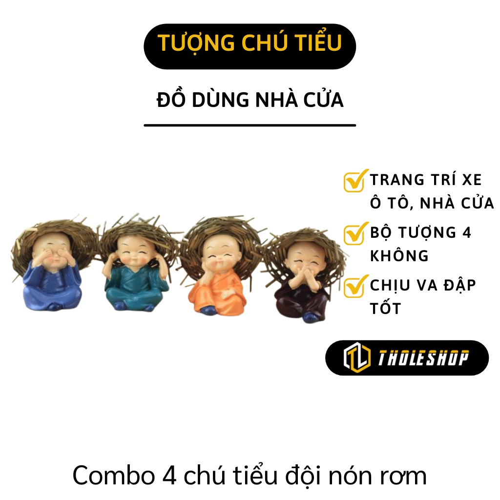 Tượng Chú Tiểu - Combo 4 Tượng Chú Tiểu Đội Nón Rơm Trang Trí Xe Hơi, Nhà Cửa 5325