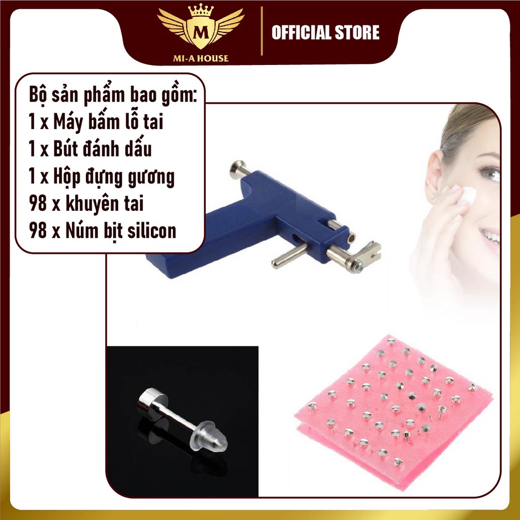 Dụng cụ bấm lỗ tai - máy bấm lỗ tai xỏ khuyên - kèm gương, bút định vị và 98 đinh