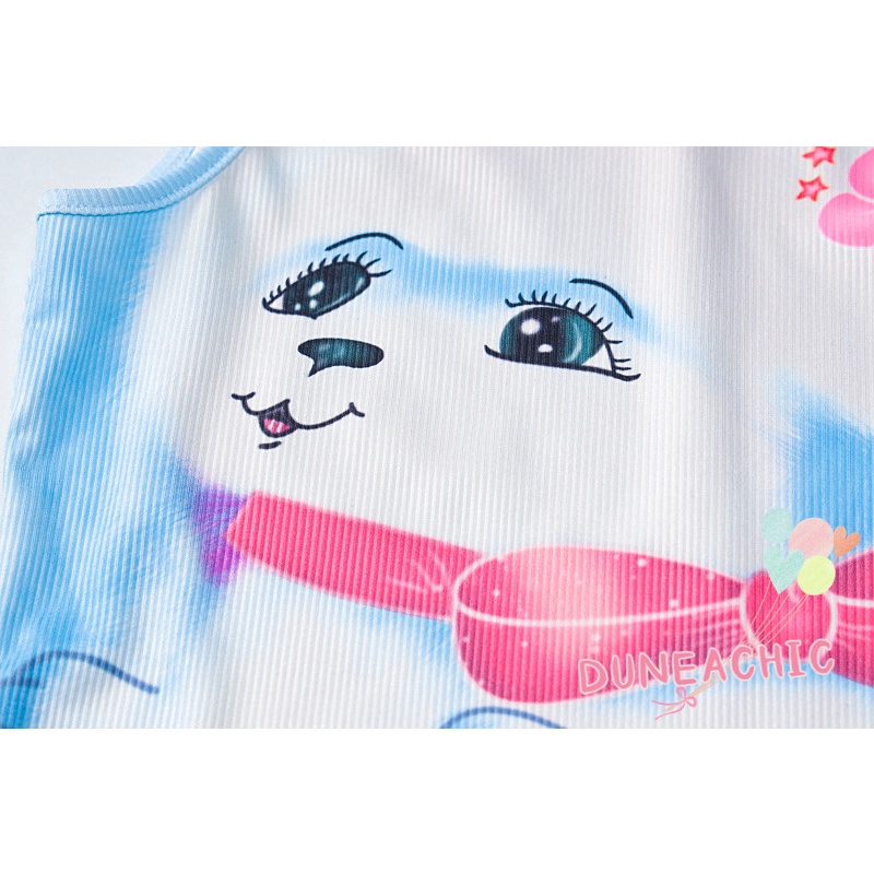 DUNEA Áo Tank Top Sát Nách In Hoạt Hình Phối Khăn Choàng Dễ Thương Cho Nữ