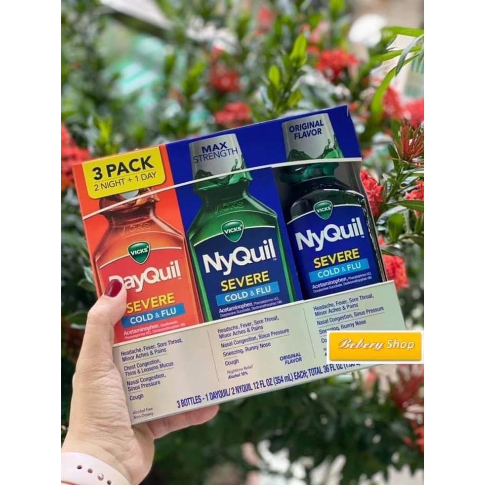 Hộp 3 chai siro ho cam sot DayQuil & NyQuil Vicks Cold & Flu Severe của Mỹ