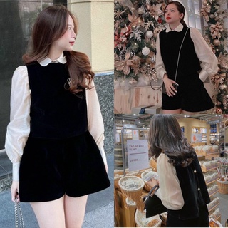 Set 3 món nhung: sơ mi trắng cổ sen + gile đen nhung + short - kèm video