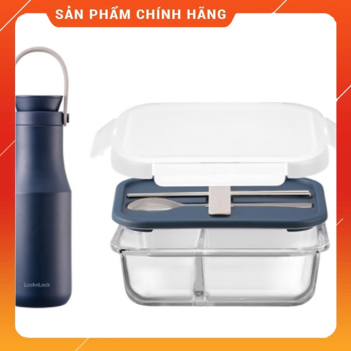 Combo hộp cơm thủy tinh kèm thìa đũa 930ml và bình giữ nhiệt 470ml