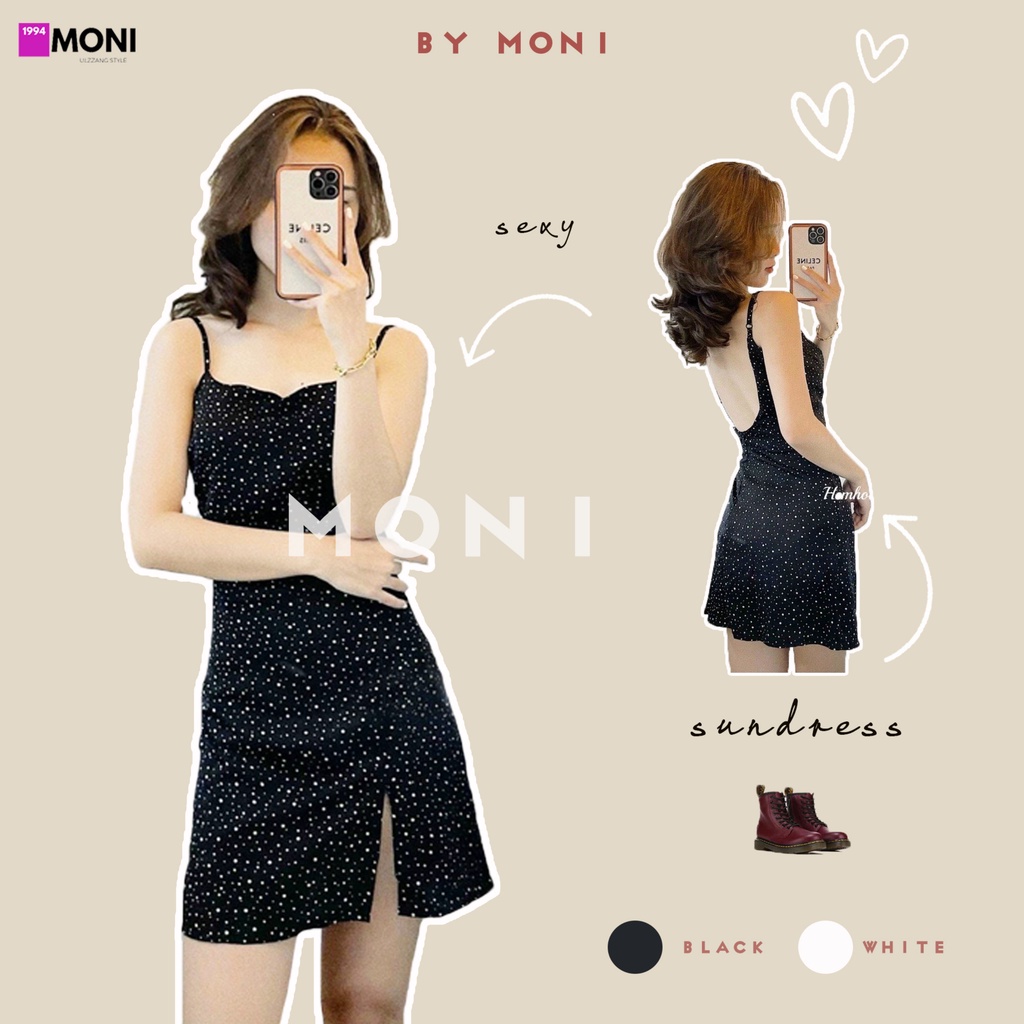 Đầm 2 dây hở lưng xẻ đùi chấm bi đen có dây tăng đơ, kèm mút sẵn D80