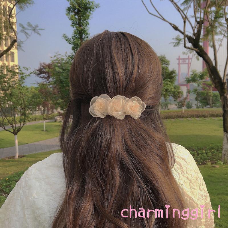 Kẹp tóc ba bông hoa trà ba lớp bằng kim loại dễ thương và tinh tế cho nữ