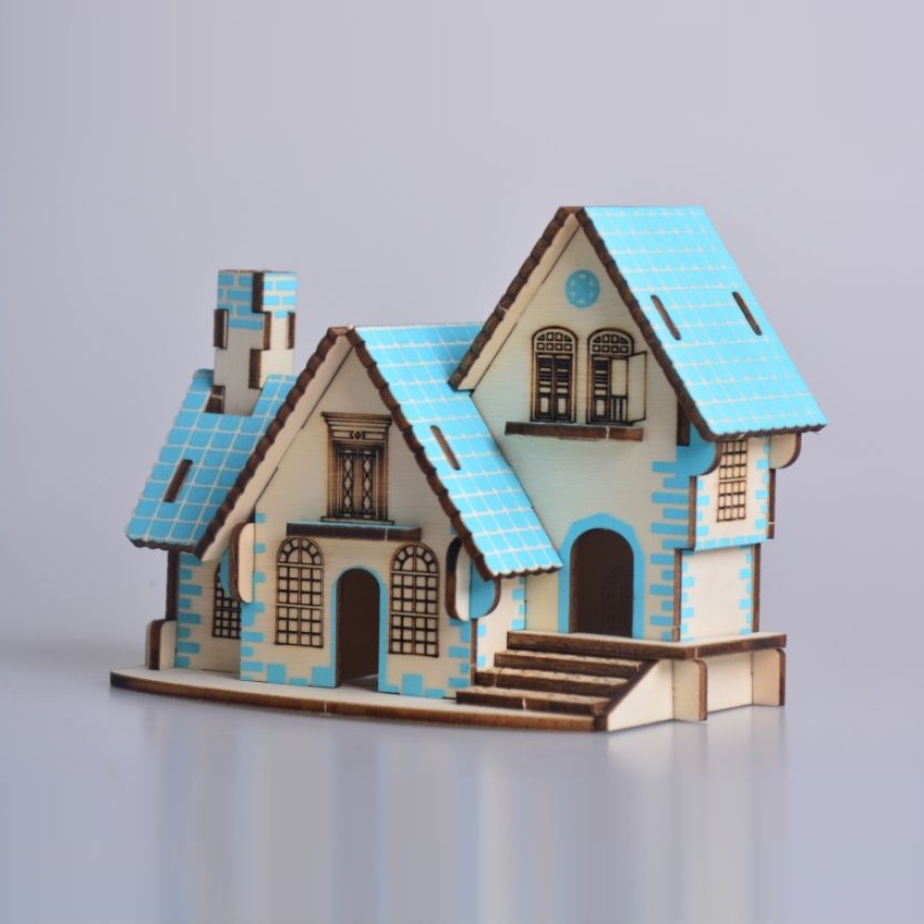 Đồ chơi lắp ráp gỗ 3D Bộ 12 Mô hình Nhà gỗ Mini Laser