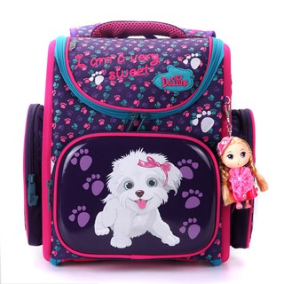 Balo chống gù nga chống nước  dễ thương với móc chìa khóa búp bê, hình cún con cho bé - C06