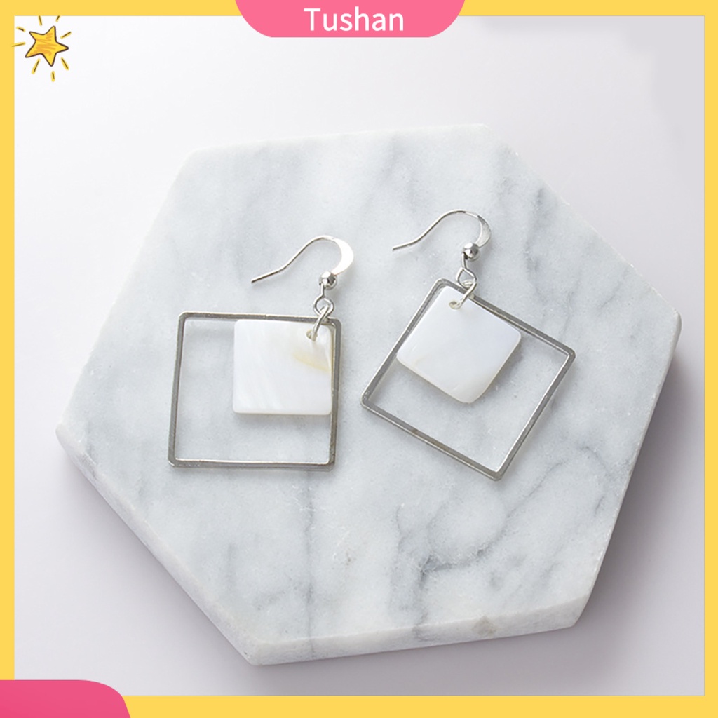 Khuyên tai nữ hình vuông đính vỏ sò trắng thời trang