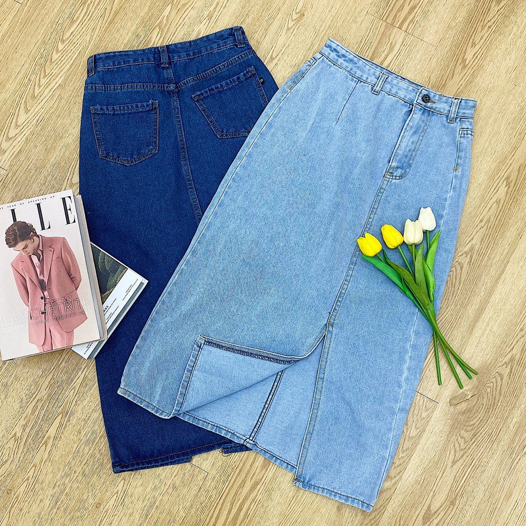 Chân váy jeans dáng dài cạp cao, chân váy dài xẻ tà form xòe chữ A AE170