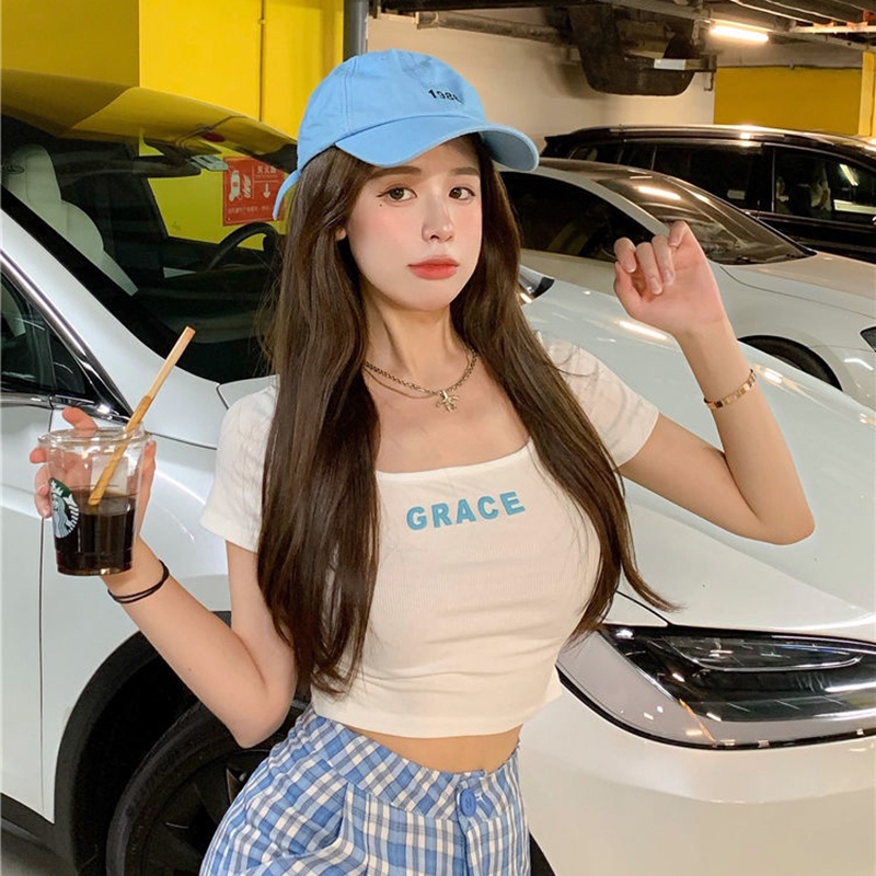 Áo thun IELGY tay ngắn cổ vuông in chữ thời trang cho nữ