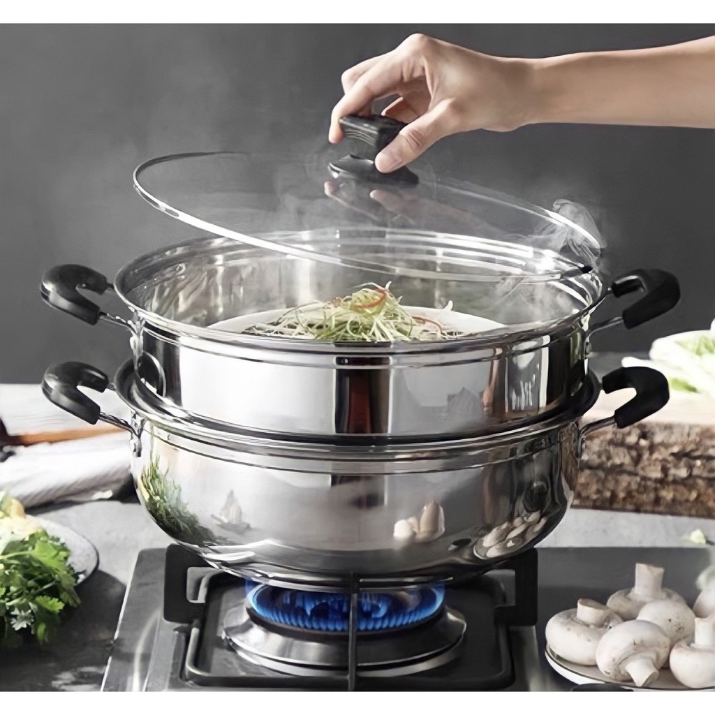 Nồi hấp INOX 3 tầng siêu to rộng nồi hấp bánh bao bánh flan hấp thức ăn - Bảo hành 3 tháng
