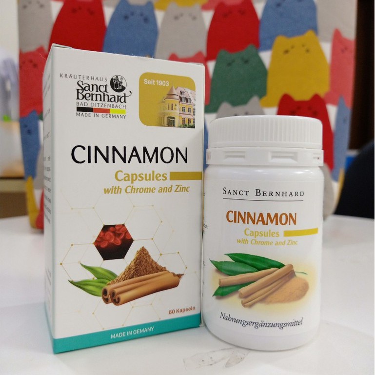 Viên uống Cinnamon Capsules hỗ trợ điều trị tiểu đường, chuyển hóa Glucose - Chính hãng Sanct Bernhard - Đức 60 viên